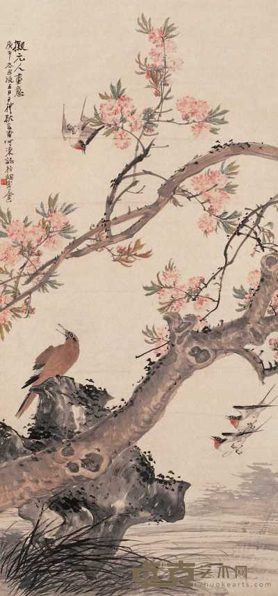 王礼 庚年（1870年）作 桃花飞雀图 立轴 134×63cm